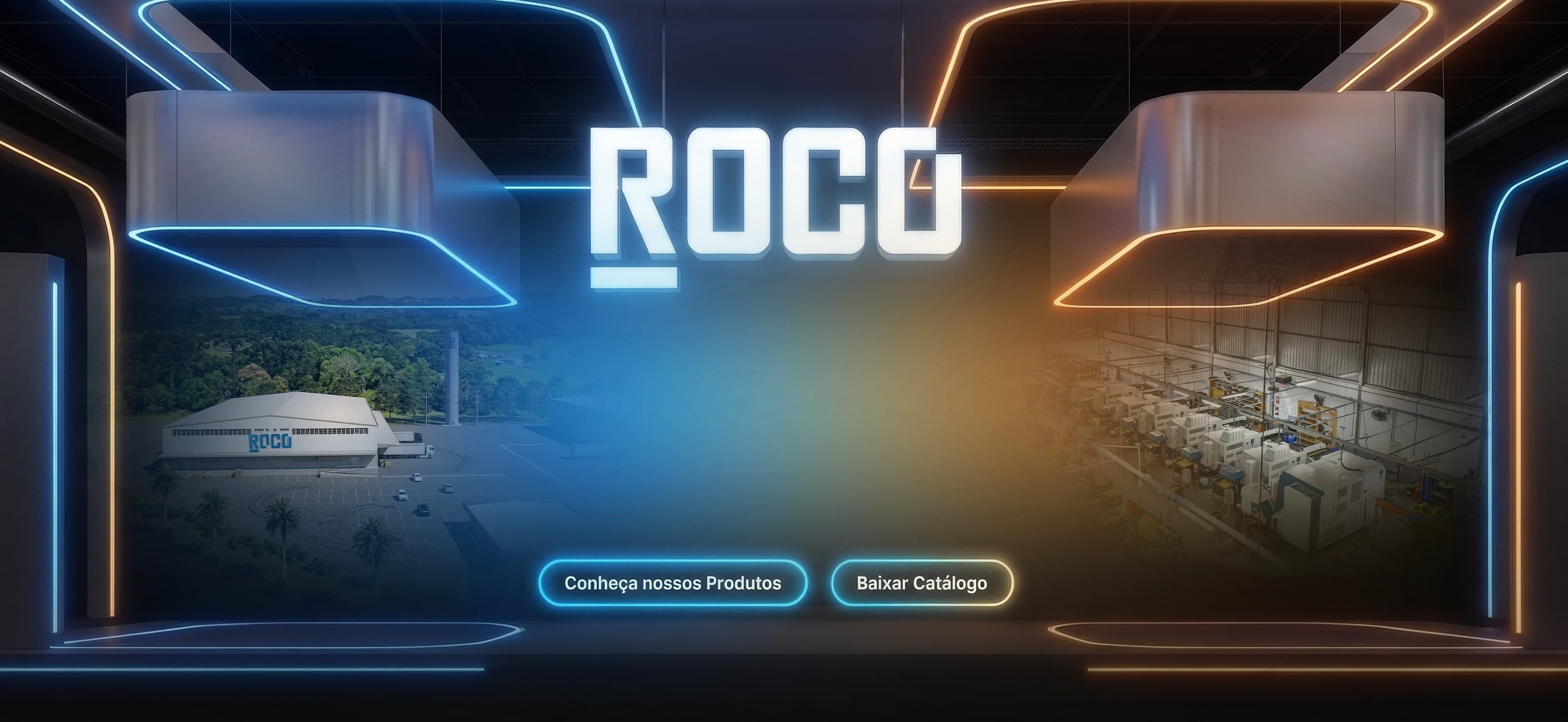 Catálogo de produtos ROCO impresso sobre uma superfície com iluminação neon